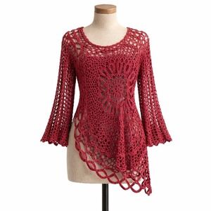 Vintage Y2K Asymmetrical Crochet Top Size M Red Lagenlook Indie Sleaze‎ Festival